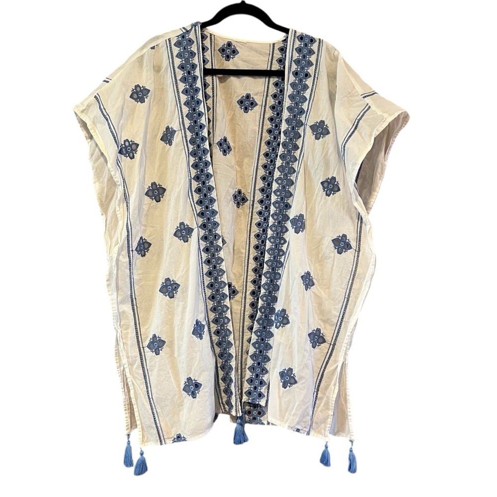 Womens cover up wrap‎ open embroidered eyelet tunic white blue XXL tassel beach